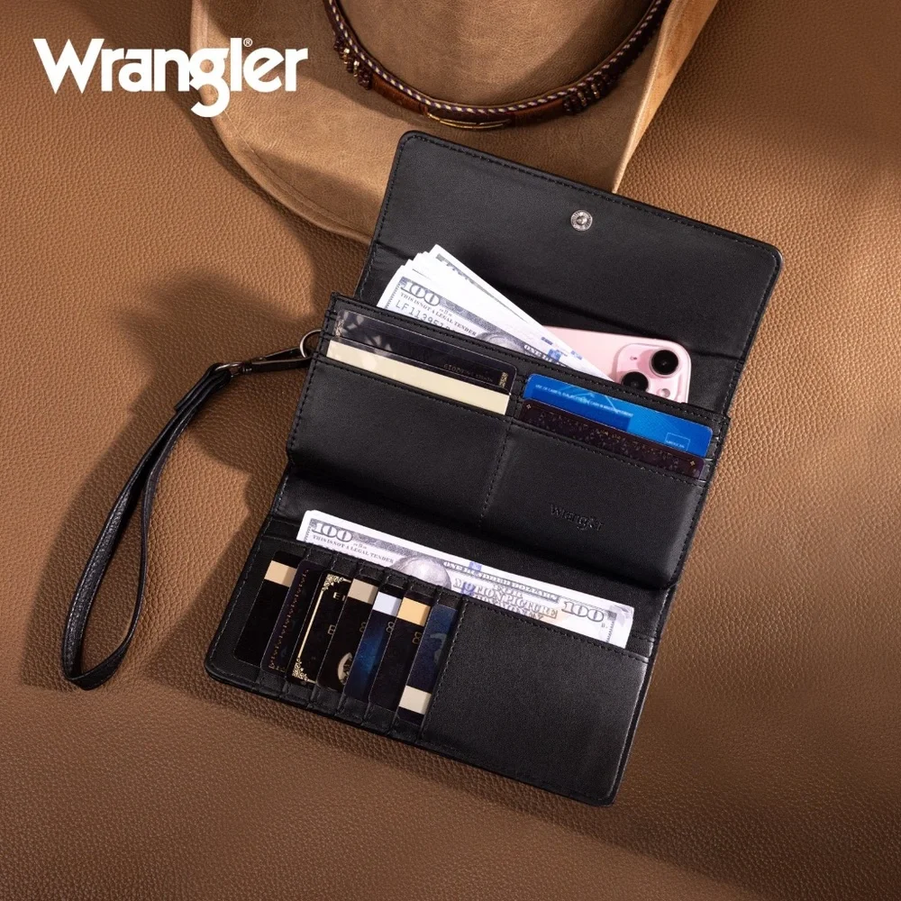 Wrangler Western Floral Tooled Tri-fold RFID Wallet/Wristlet Black